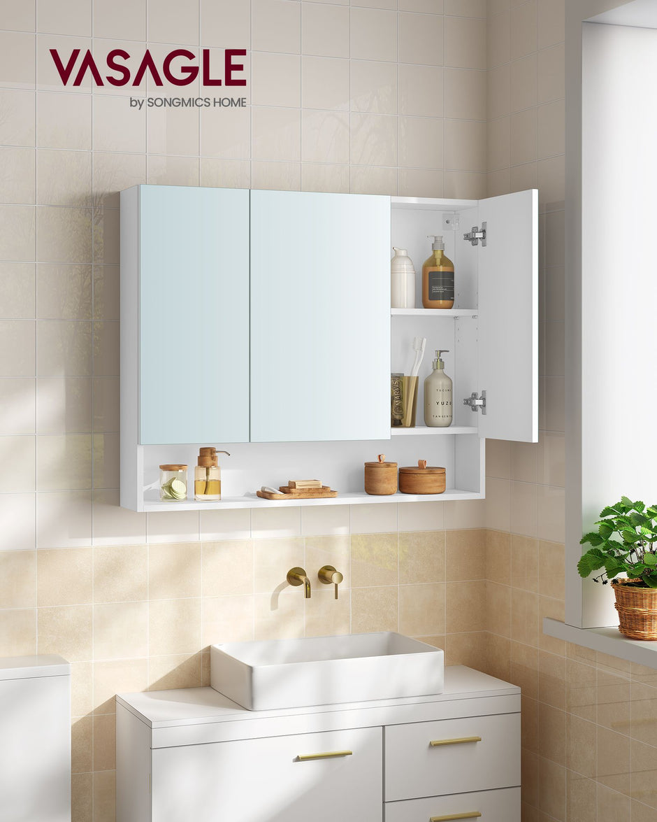 Bathroom Mirror Cabinet – Wood – Cloud White – Adjustable Shelves, Open Compartment