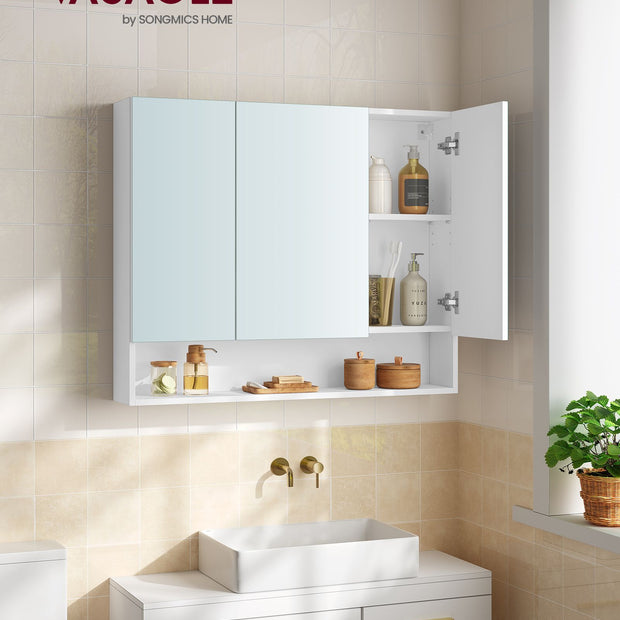 Bathroom Mirror Cabinet – Wood – Cloud White – Adjustable Shelves, Open Compartment