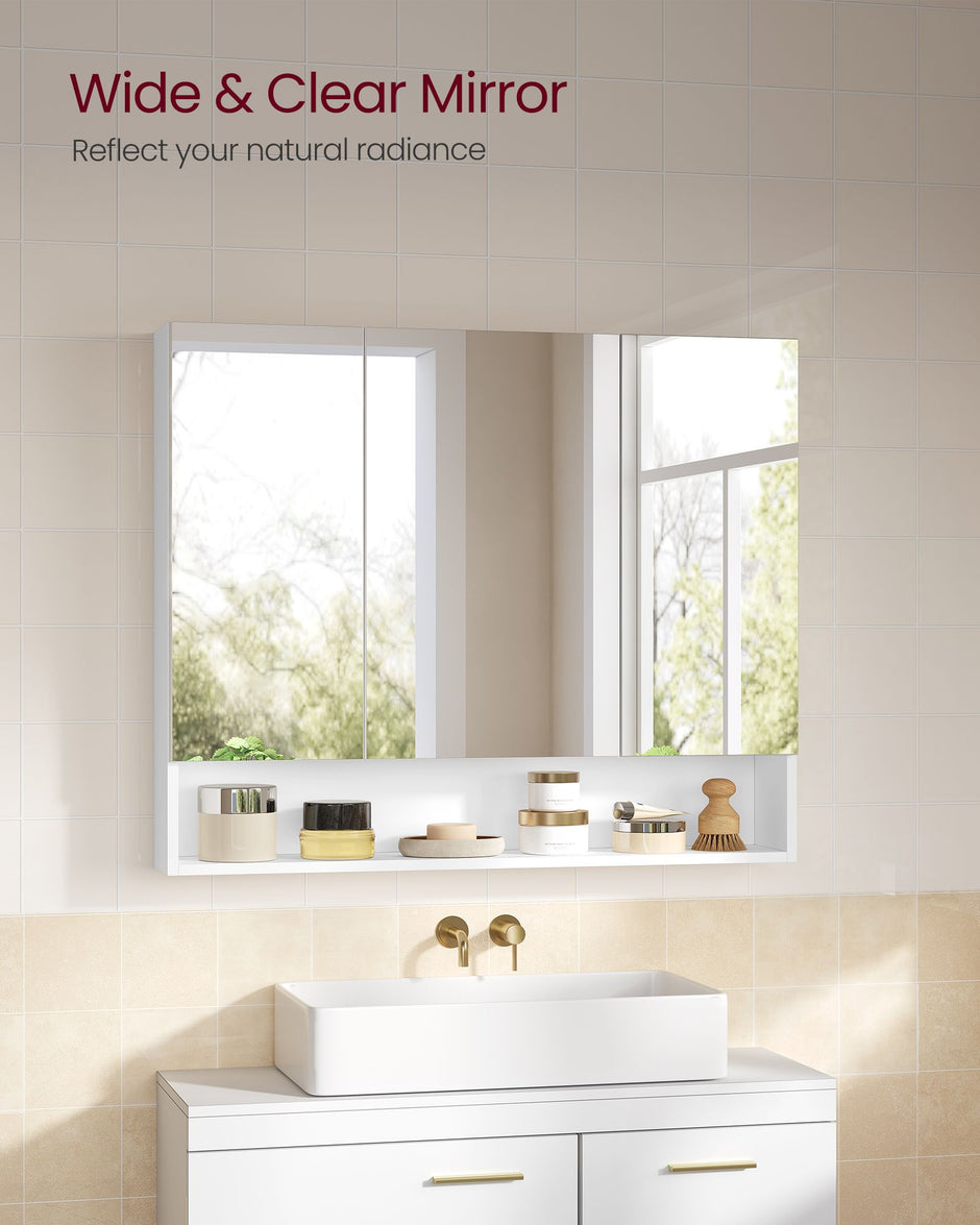 Bathroom Mirror Cabinet – Wood – Cloud White – Adjustable Shelves, Open Compartment