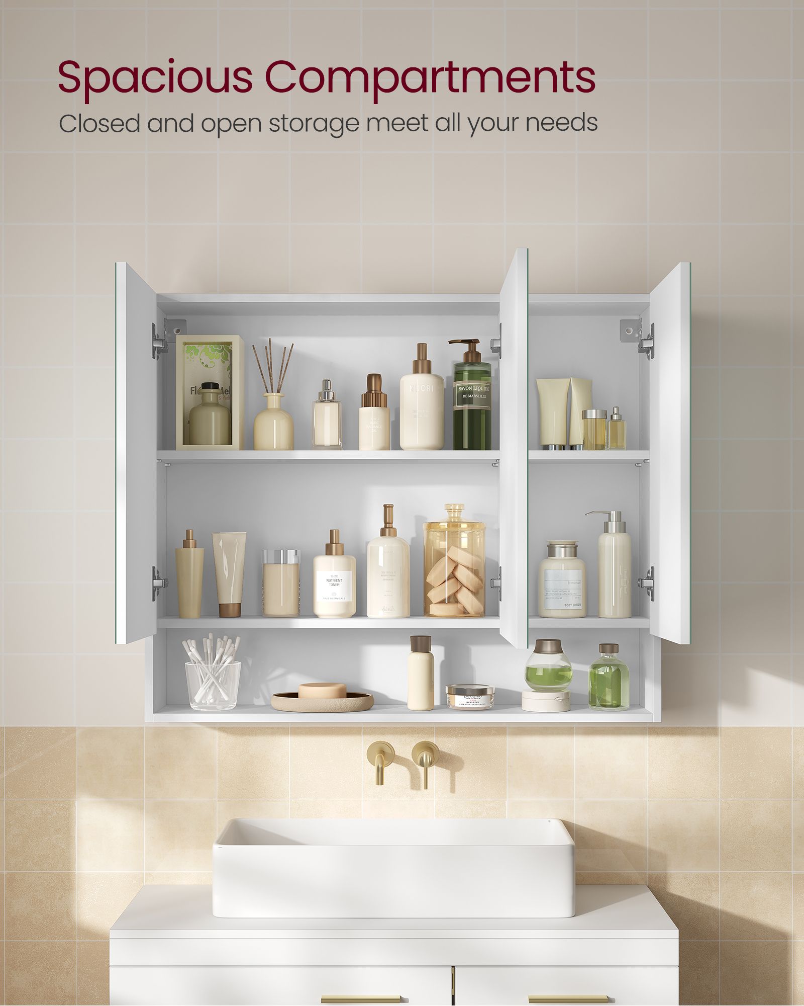 Bathroom Mirror Cabinet – Wood – Cloud White – Adjustable Shelves, Open Compartment