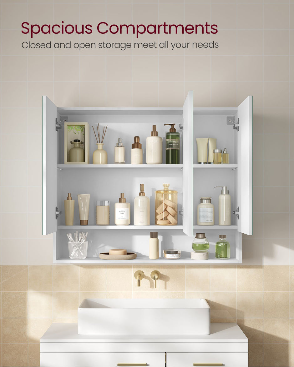 Bathroom Mirror Cabinet – Wood – Cloud White – Adjustable Shelves, Open Compartment