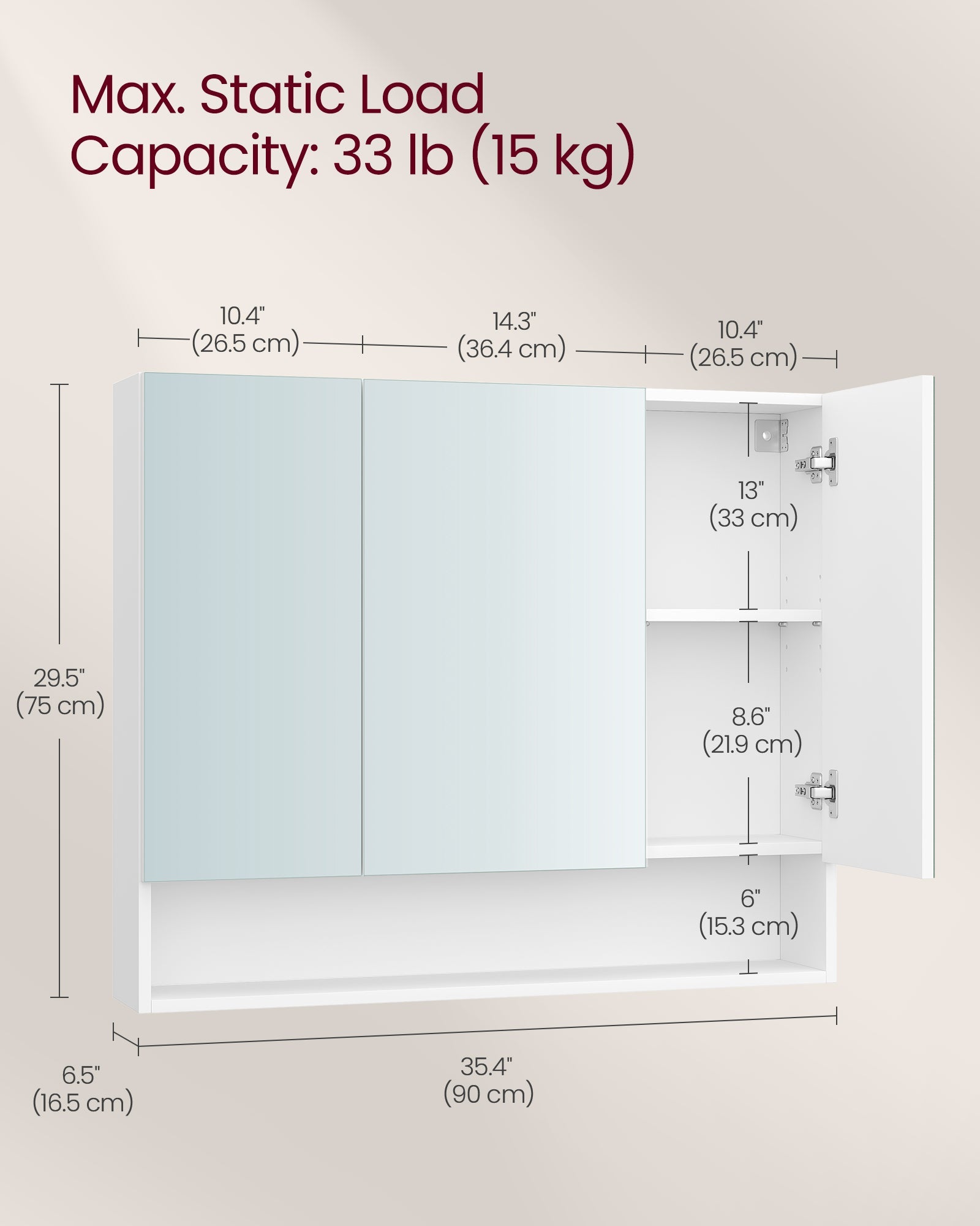 Bathroom Mirror Cabinet – Wood – Cloud White – Adjustable Shelves, Open Compartment