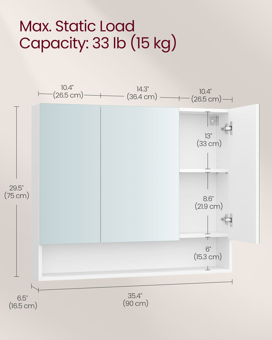 Bathroom Mirror Cabinet – Wood – Cloud White – Adjustable Shelves, Open Compartment