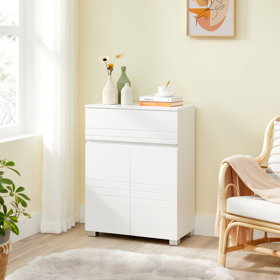 Bathroom Cabinet – Wood – White – Drawer and Adjustable Shelf