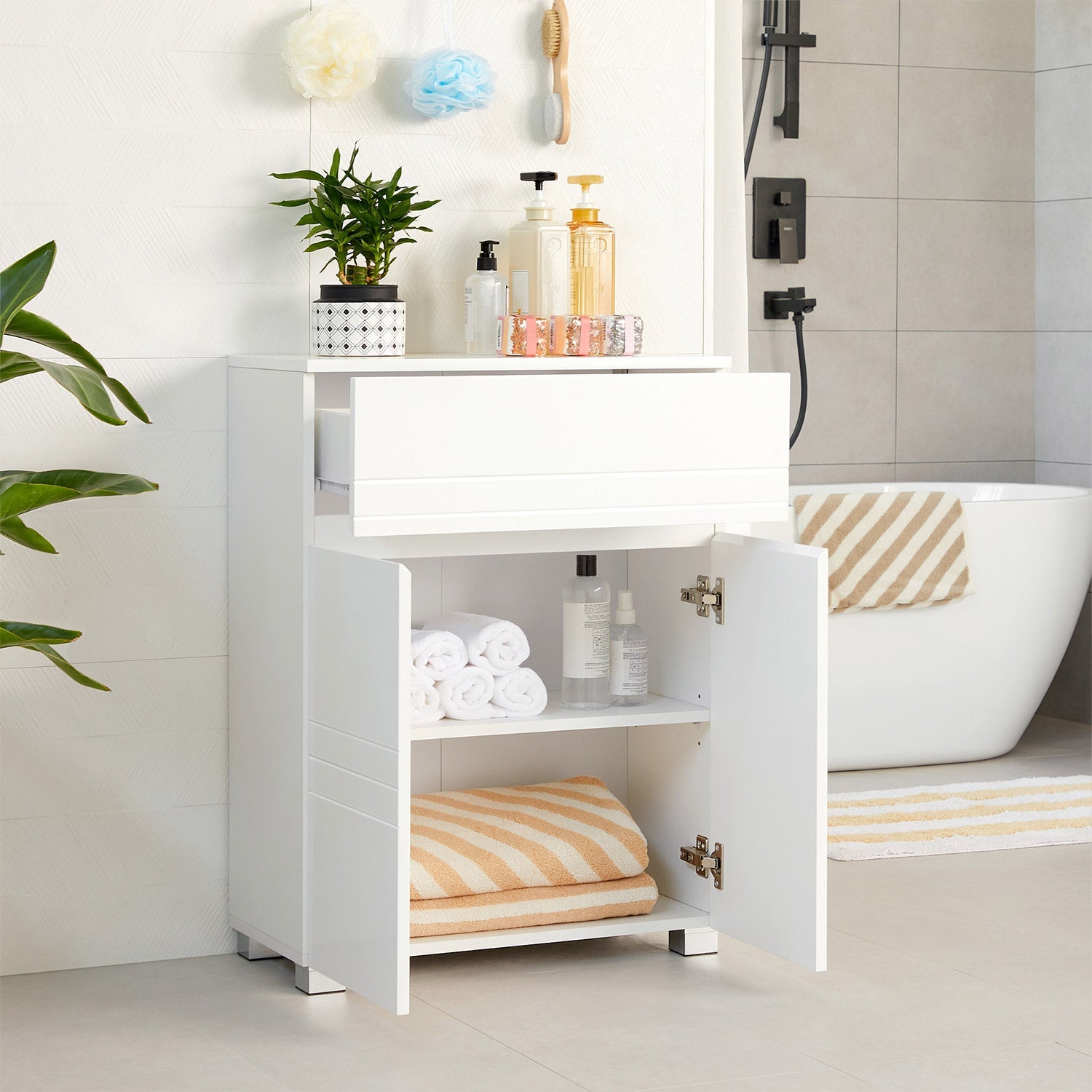 Bathroom Cabinet – Wood – White – Drawer and Adjustable Shelf