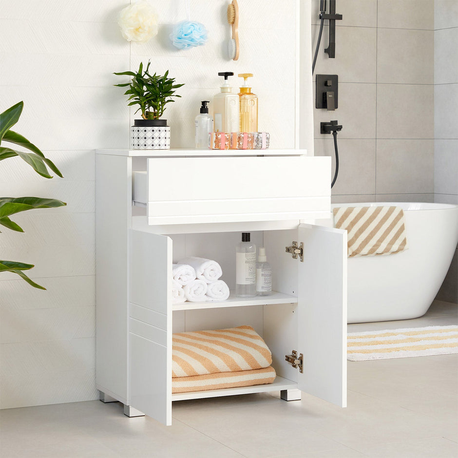 Bathroom Cabinet – Wood – White – Drawer and Adjustable Shelf