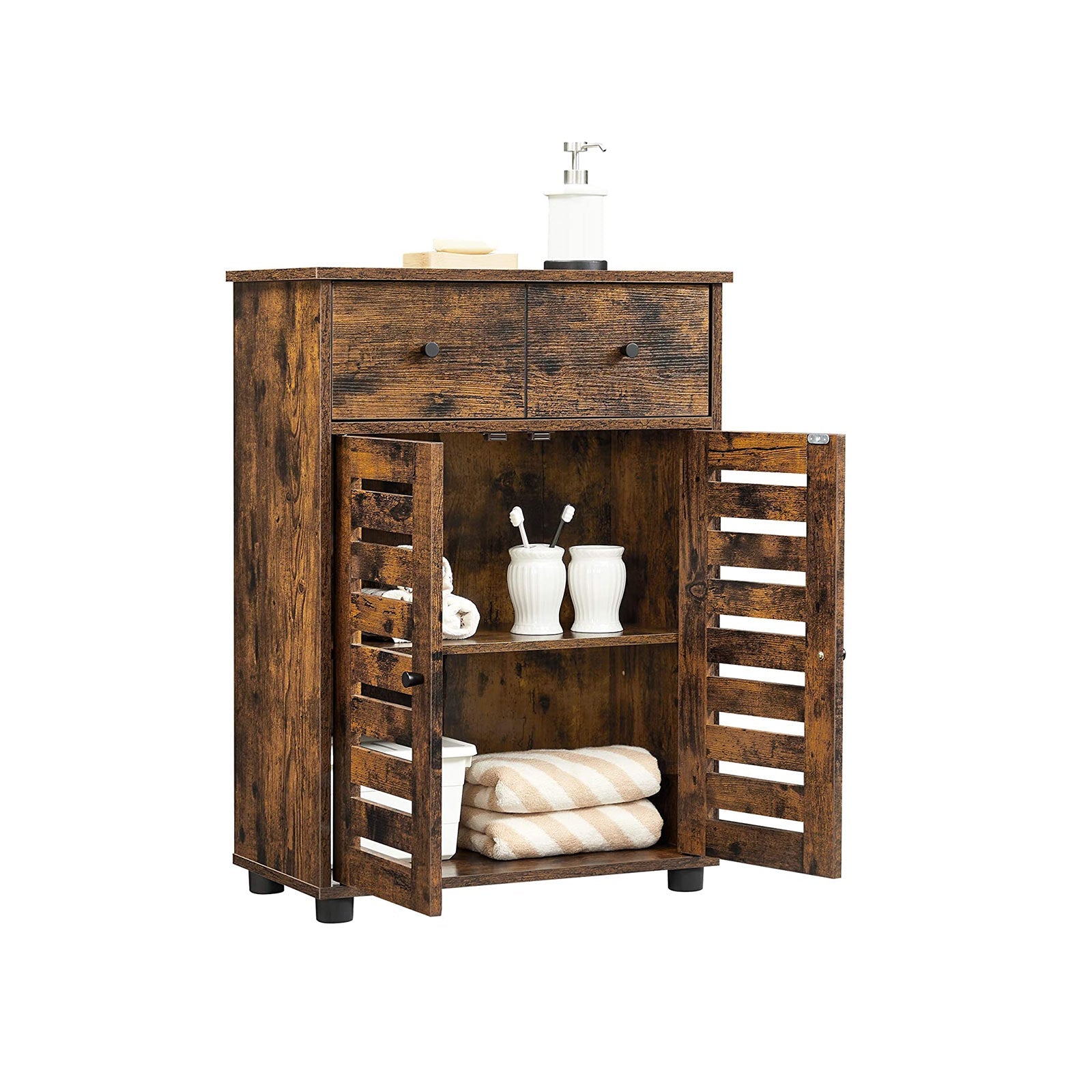 Free Standing Bathroom Storage Cabinet – Wood – Rustic Brown – Adjustable Shelf and Drawer