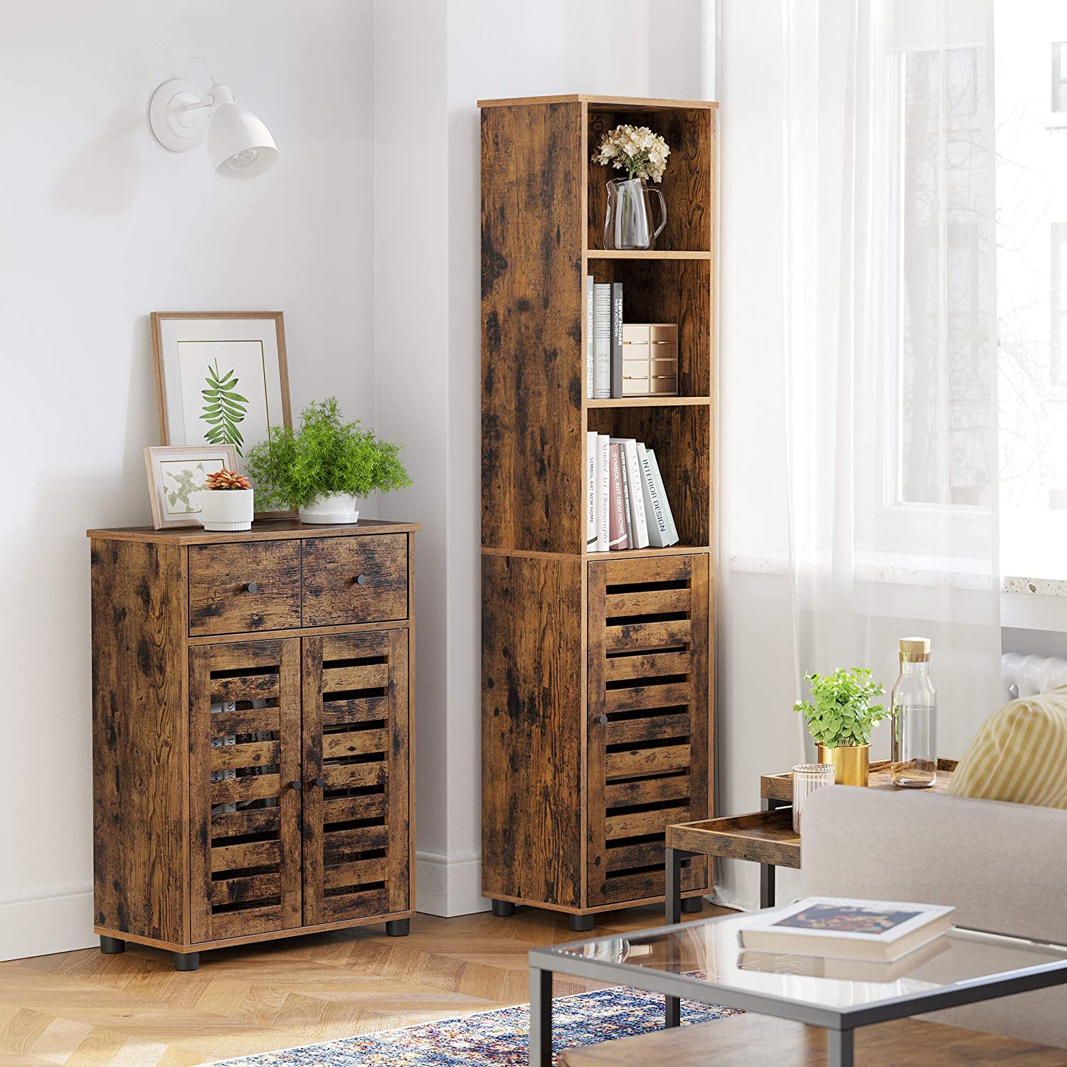 Free Standing Bathroom Storage Cabinet – Wood – Rustic Brown – Adjustable Shelf and Drawer