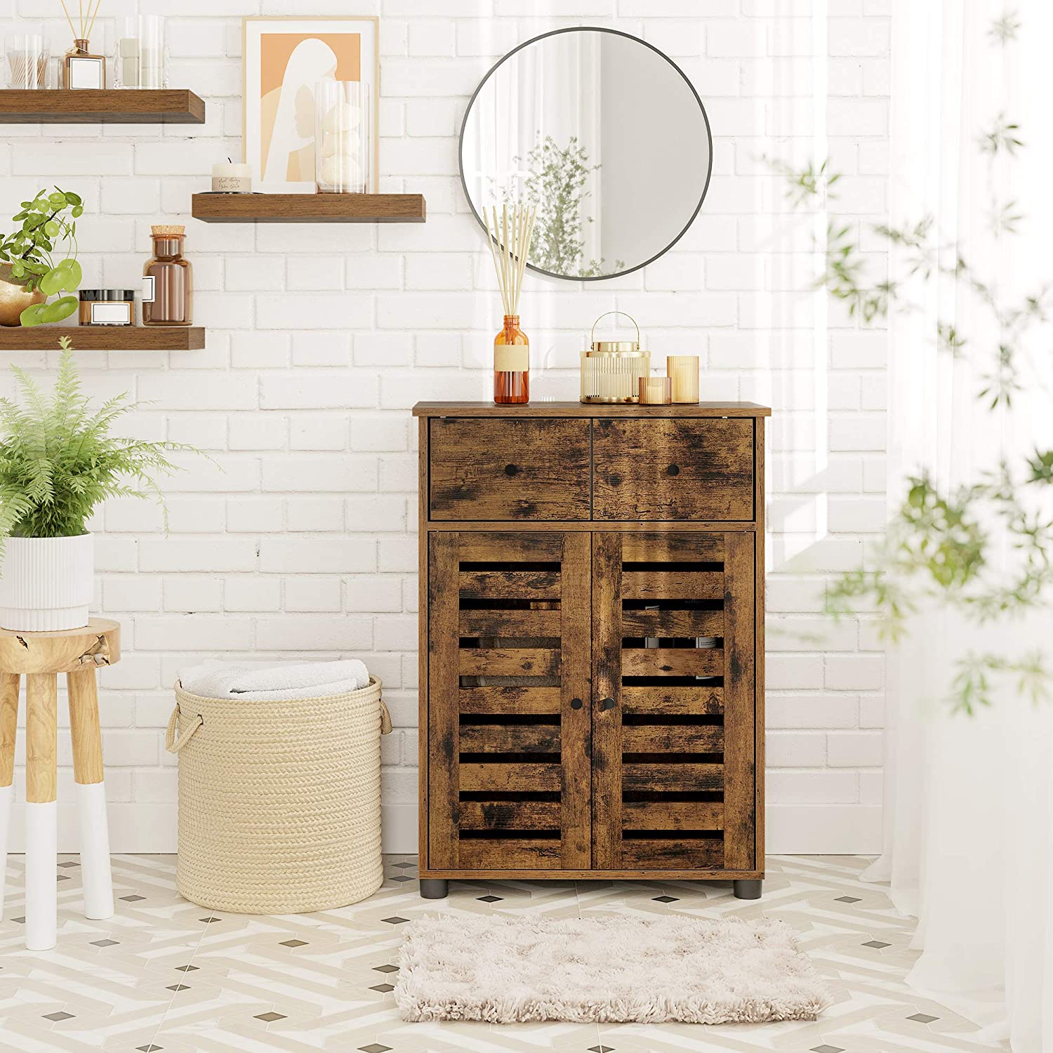 Free Standing Bathroom Storage Cabinet – Wood – Rustic Brown – Adjustable Shelf and Drawer