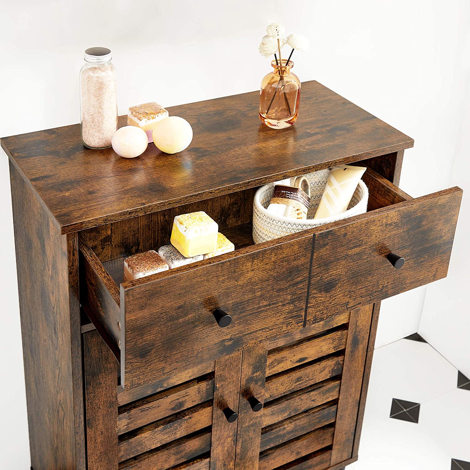 Free Standing Bathroom Storage Cabinet – Wood – Rustic Brown – Adjustable Shelf and Drawer