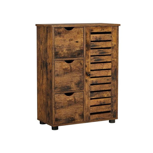 Bathroom Floor Cabinet – Wooden – Rustic Brown – 3 Drawers, Single Door with 2 Adjustable Shelves
