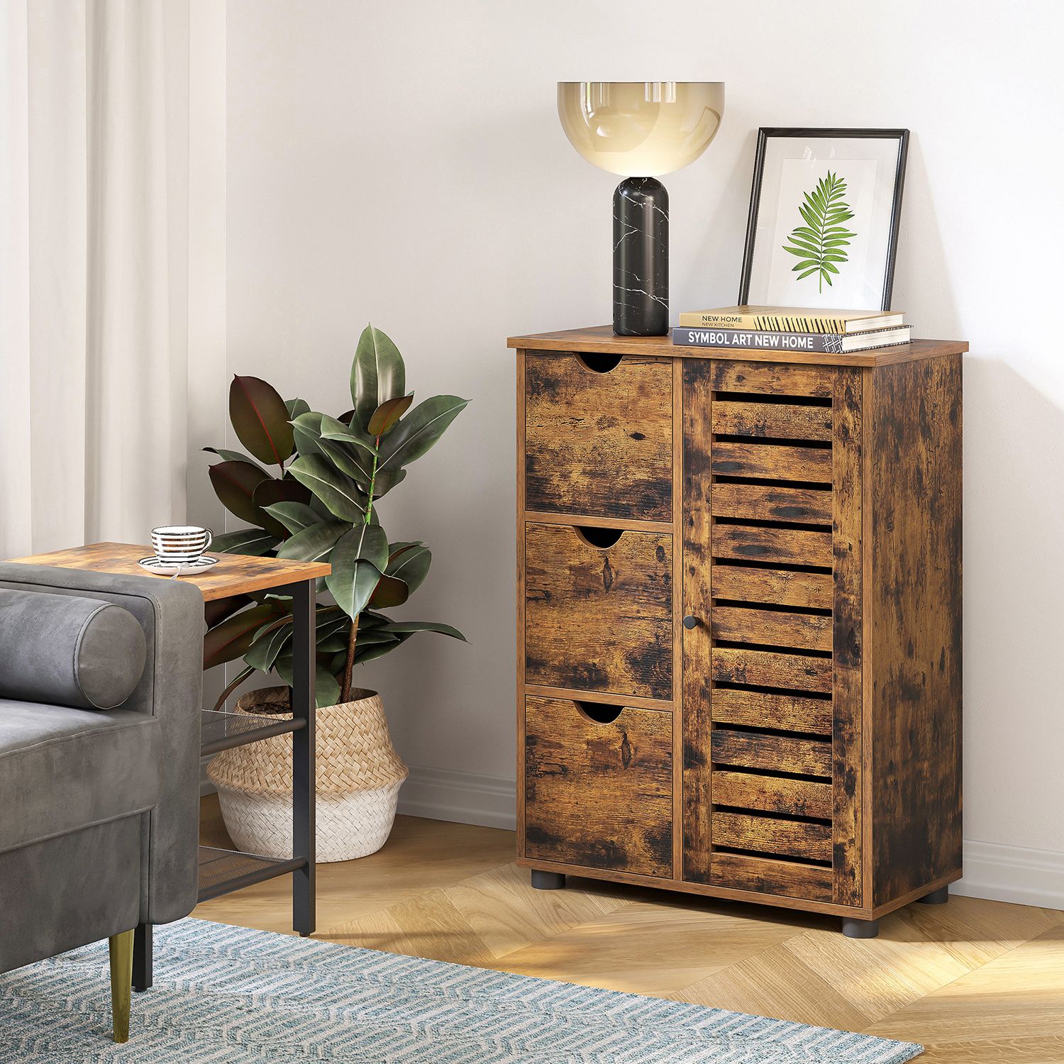 Bathroom Floor Cabinet – Wooden – Rustic Brown – 3 Drawers, Single Door with 2 Adjustable Shelves