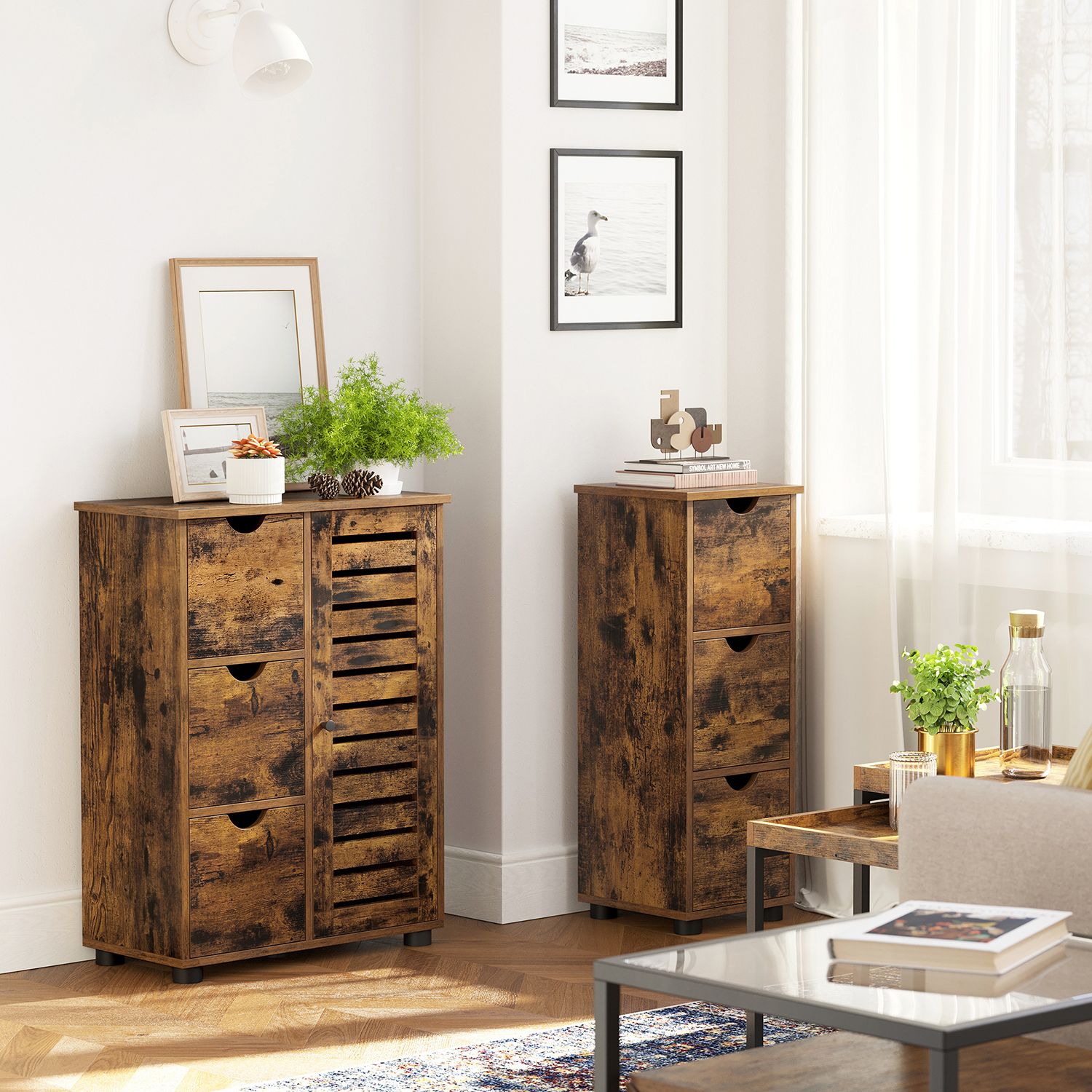 Bathroom Floor Cabinet – Wooden – Rustic Brown – 3 Drawers, Single Door with 2 Adjustable Shelves