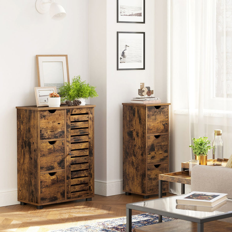 Bathroom Floor Cabinet – Wooden – Rustic Brown – 3 Drawers, Single Door with 2 Adjustable Shelves