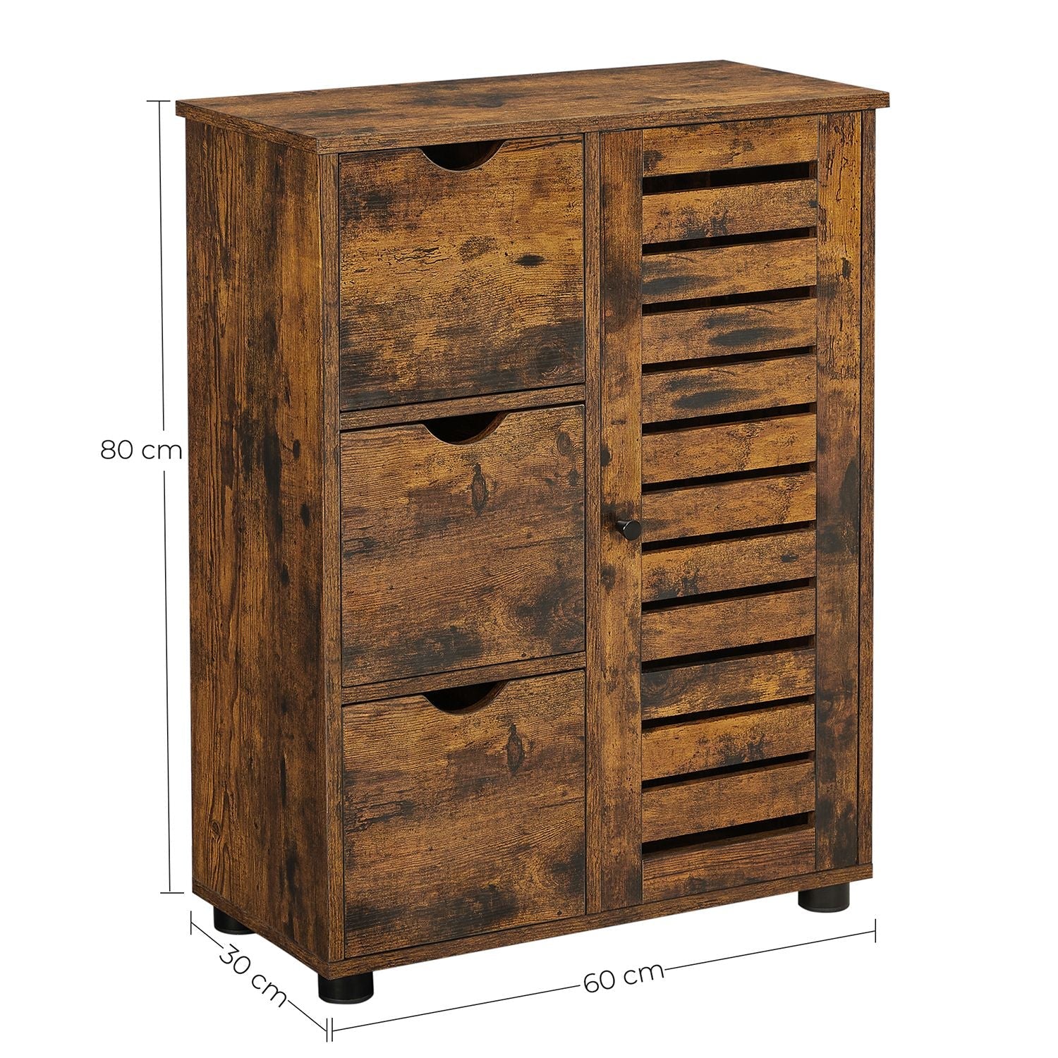 Bathroom Floor Cabinet – Wooden – Rustic Brown – 3 Drawers, Single Door with 2 Adjustable Shelves
