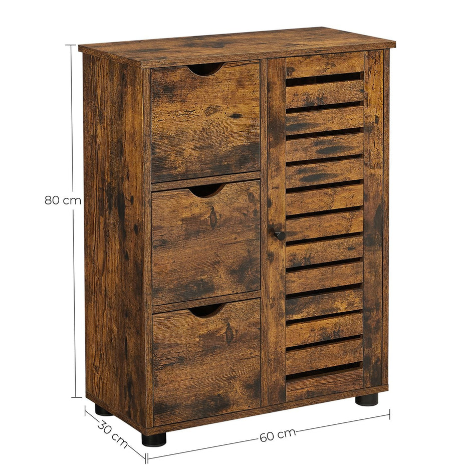 Bathroom Floor Cabinet – Wooden – Rustic Brown – 3 Drawers, Single Door with 2 Adjustable Shelves