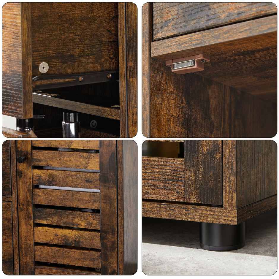 Bathroom Floor Cabinet – Wooden – Rustic Brown – 3 Drawers, Single Door with 2 Adjustable Shelves