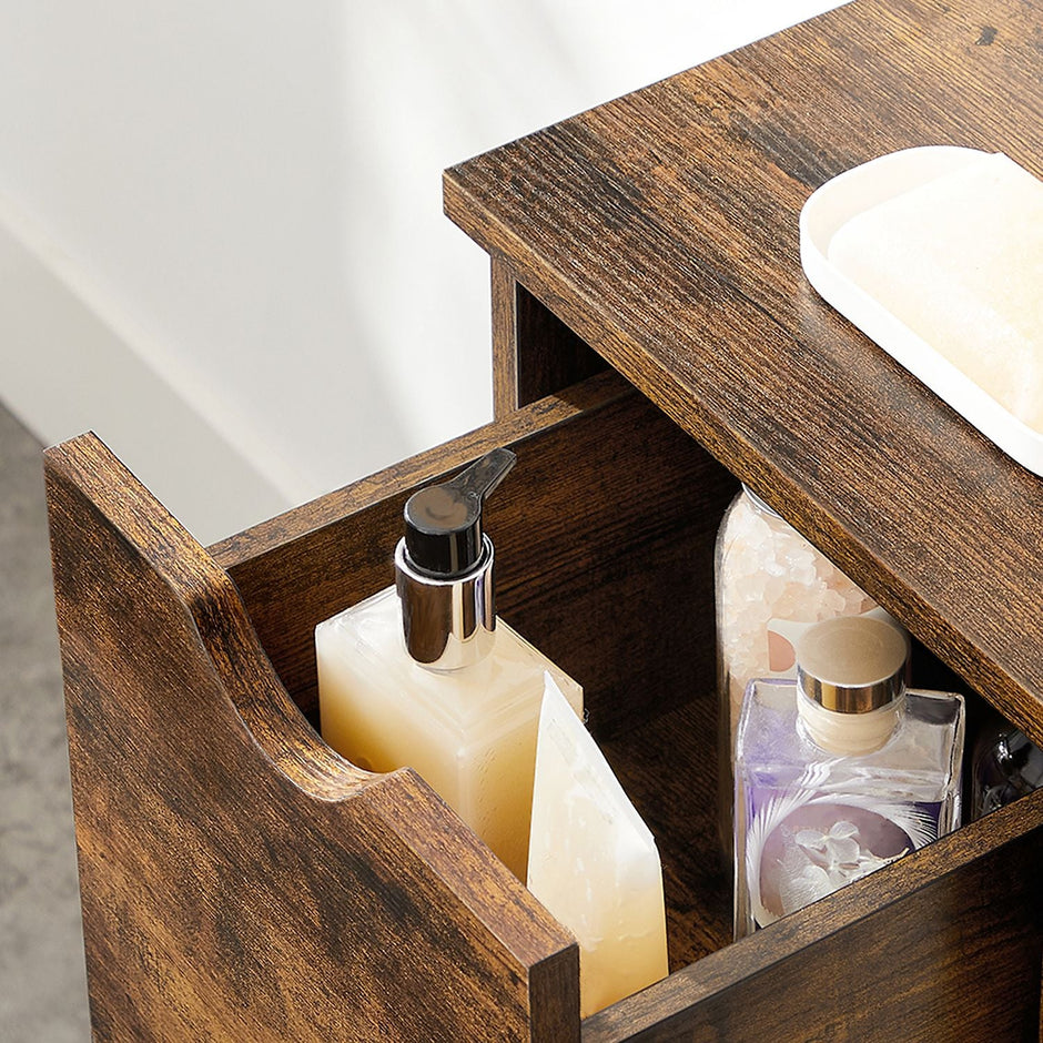 Bathroom Floor Cabinet – Wooden – Rustic Brown – 3 Drawers, Single Door with 2 Adjustable Shelves