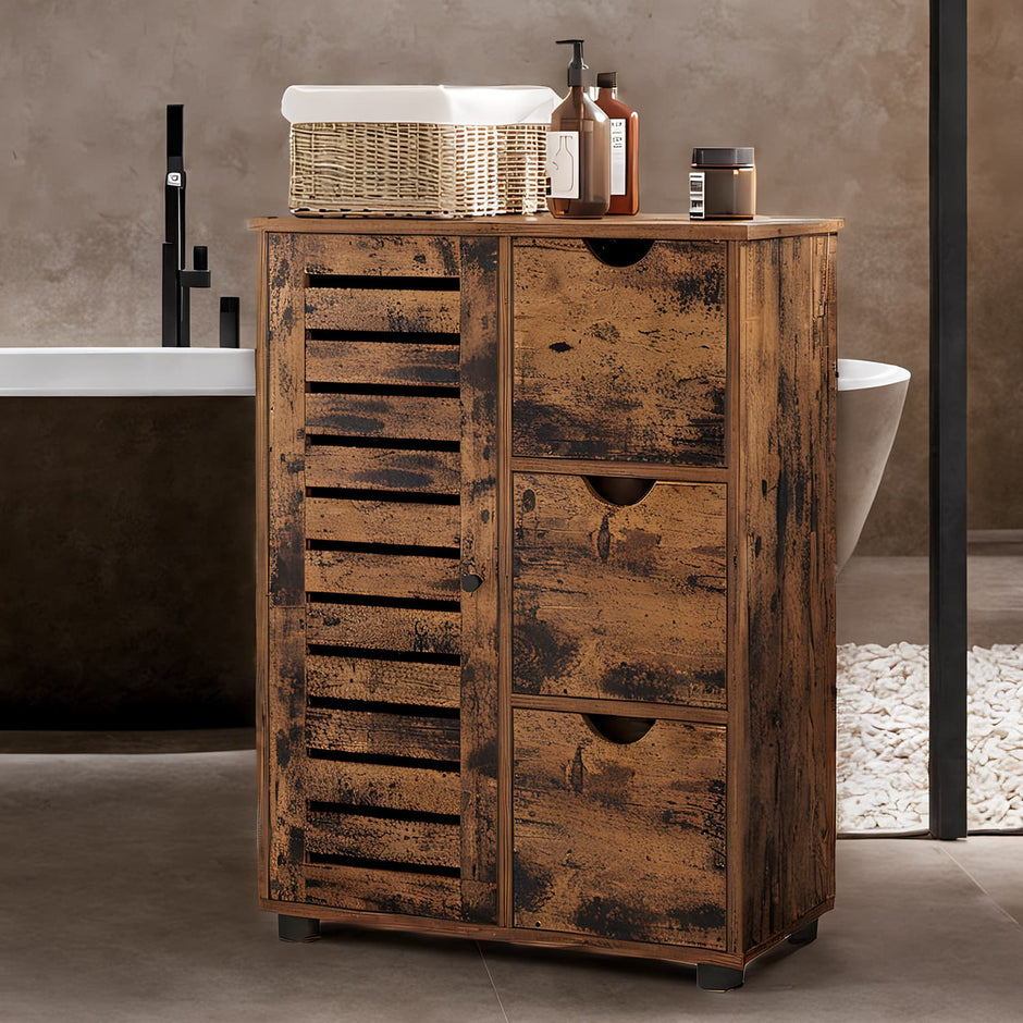 Bathroom Storage Cabinet – Wooden – Rustic Brown – Adjustable Shelving and Drawers