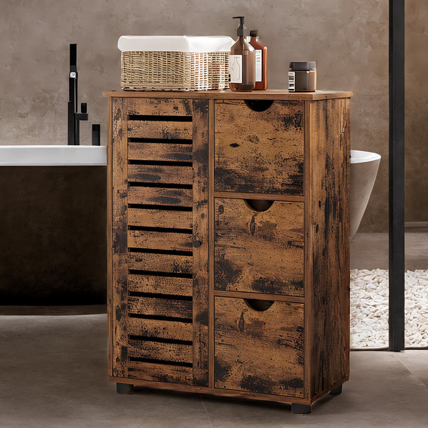 Bathroom Storage Cabinet – Wooden – Rustic Brown – Adjustable Shelving and Drawers