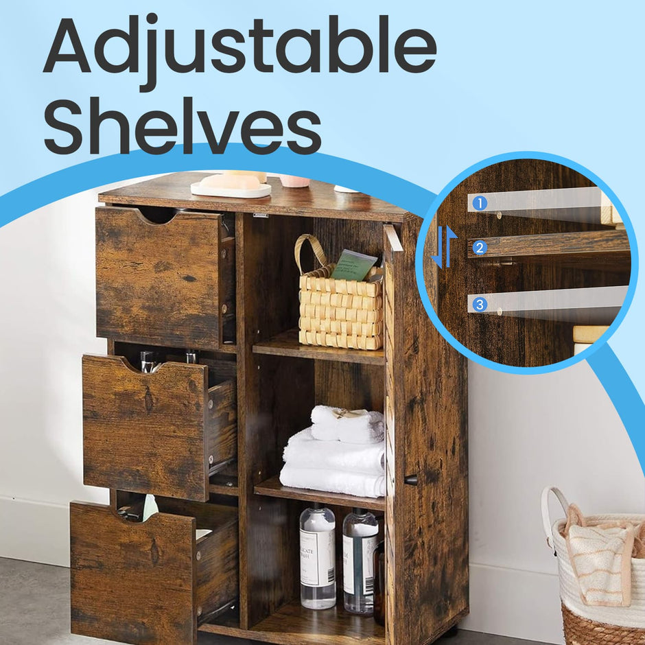 Bathroom Storage Cabinet – Wooden – Rustic Brown – Adjustable Shelving and Drawers