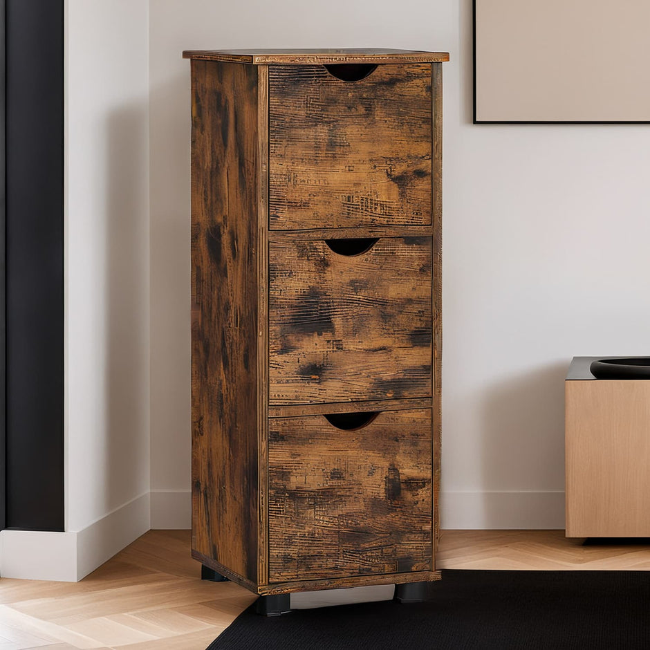 Bathroom Storage Cabinet – Wood – Rustic Brown – Slim Design with 3 Drawers