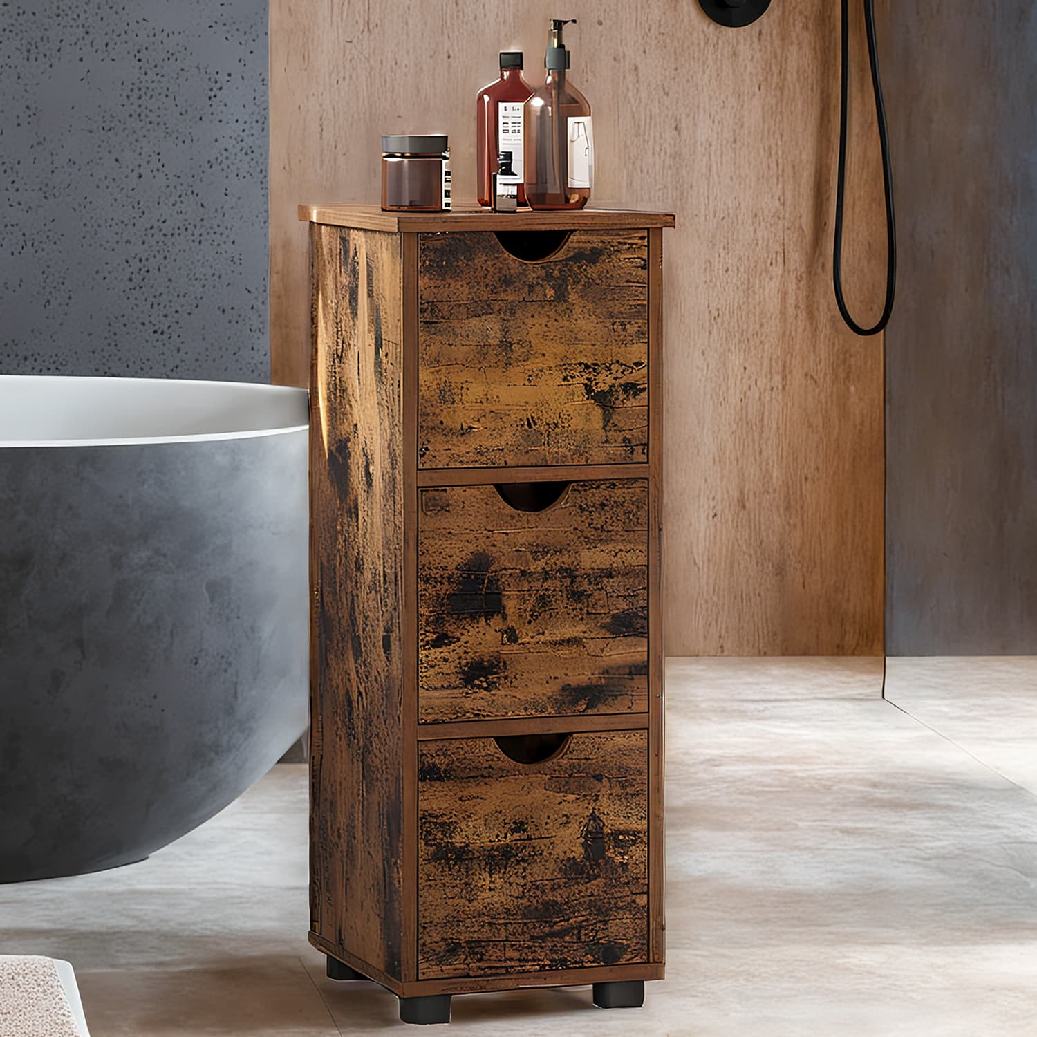 Bathroom Storage Cabinet – Wood – Rustic Brown – Slim Design with 3 Drawers