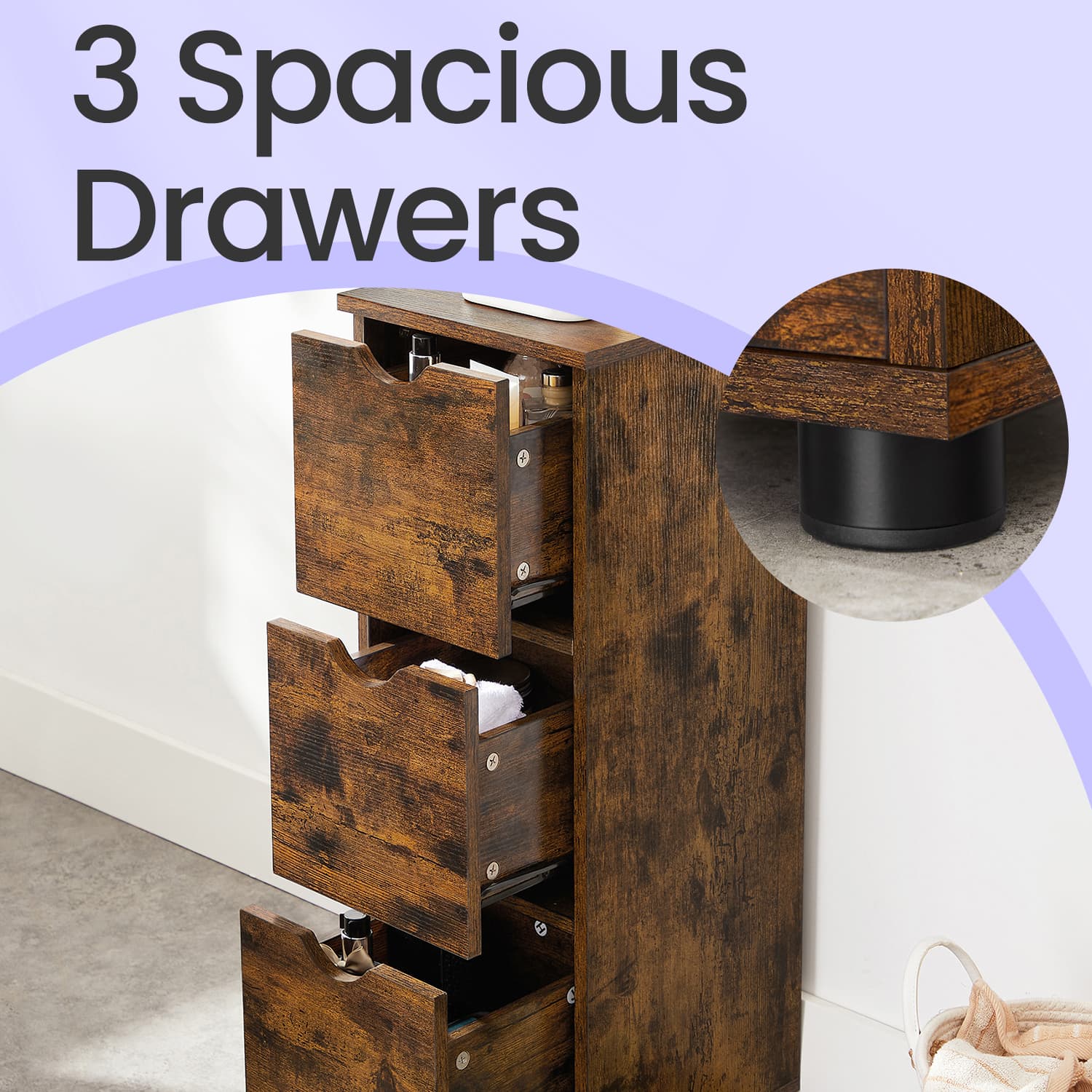 Bathroom Storage Cabinet – Wood – Rustic Brown – Slim Design with 3 Drawers