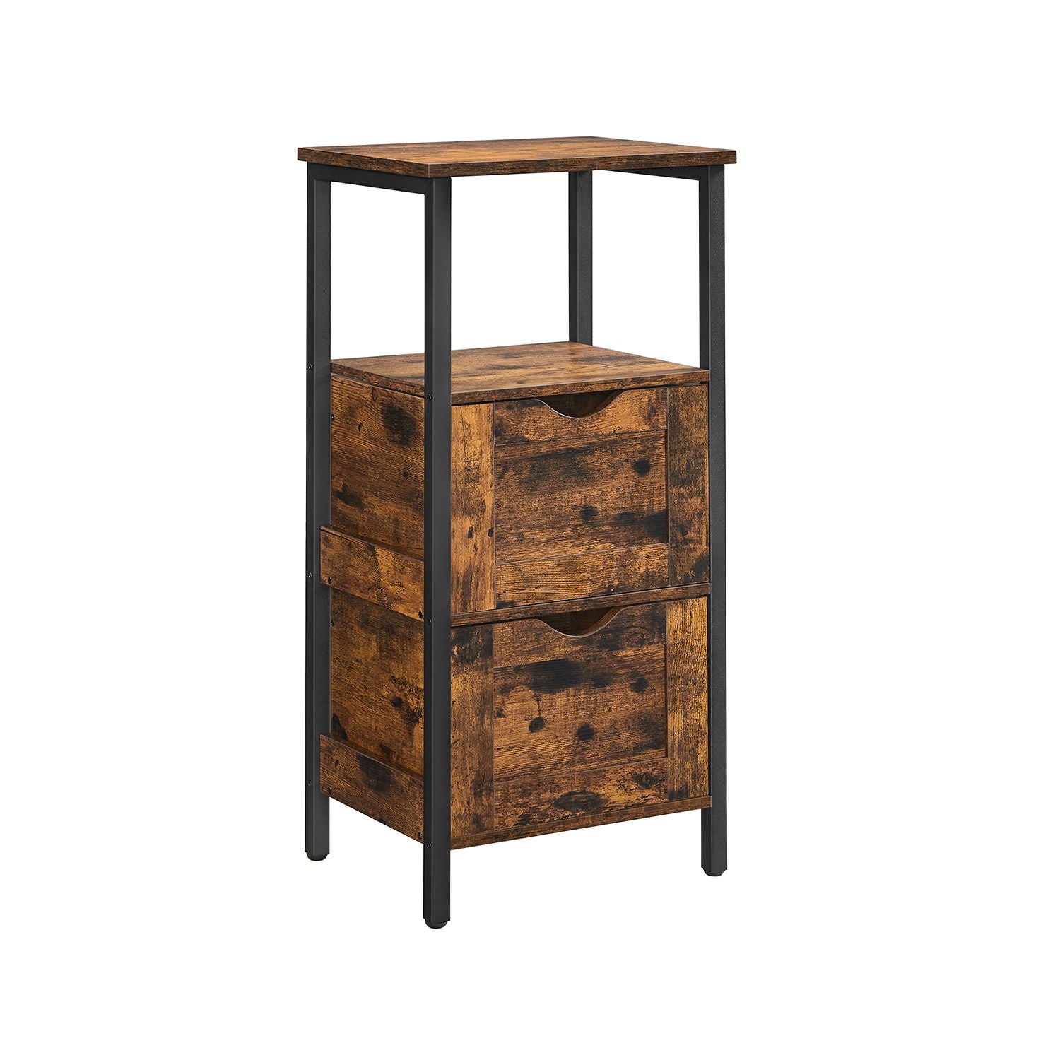 Bathroom Storage Cabinet – Wood – Rustic Brown and Black – Space Saving with 2 Drawers and Open Compartment