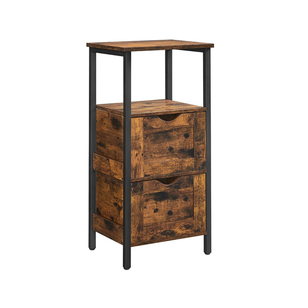 Bathroom Storage Cabinet – Wood – Rustic Brown and Black – Space Saving with 2 Drawers and Open Compartment