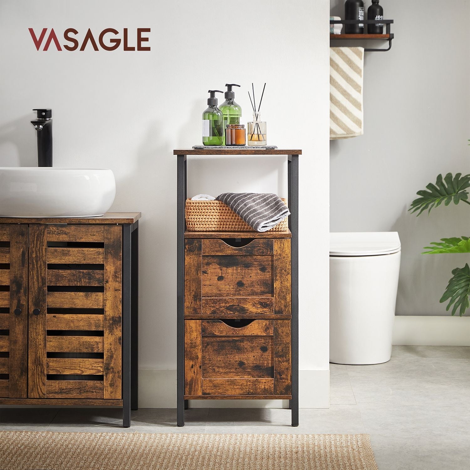 Bathroom Storage Cabinet – Wood – Rustic Brown and Black – Space Saving with 2 Drawers and Open Compartment