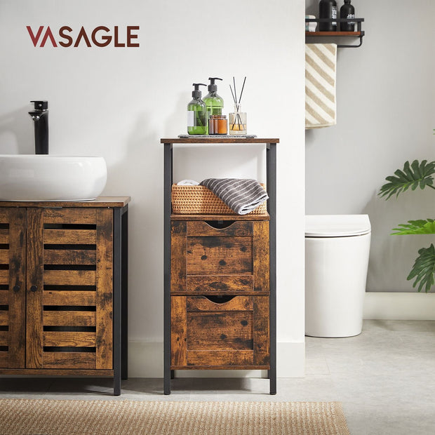 Bathroom Storage Cabinet – Wood – Rustic Brown and Black – Space Saving with 2 Drawers and Open Compartment
