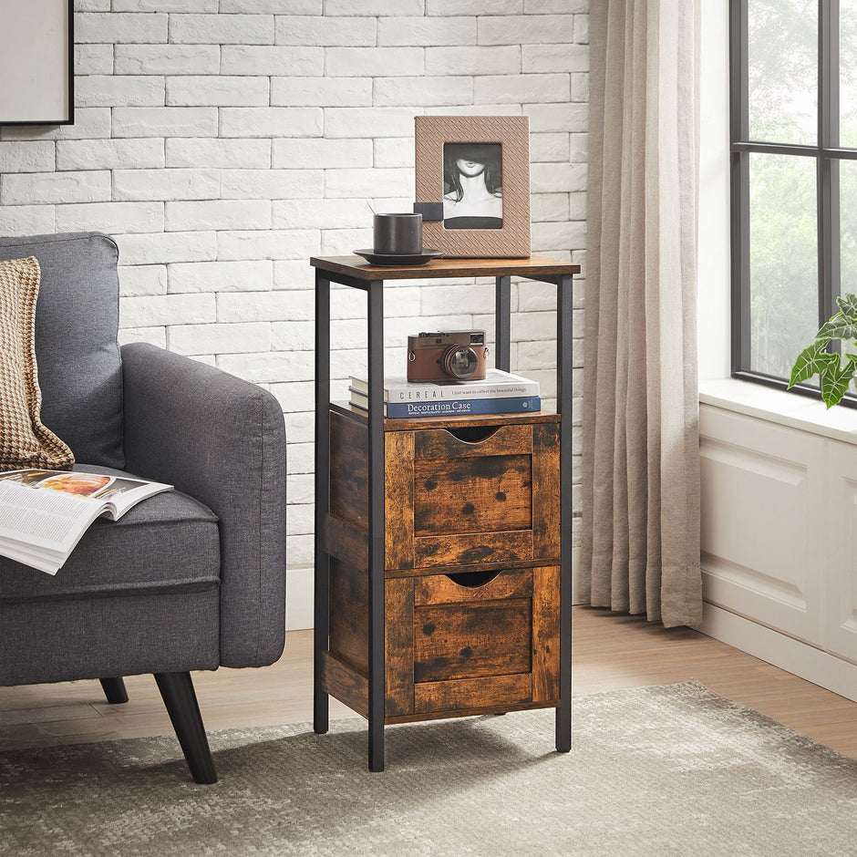 Bathroom Storage Cabinet – Wood – Rustic Brown and Black – Space Saving with 2 Drawers and Open Compartment