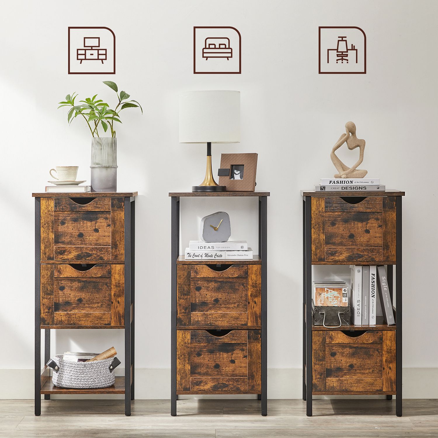 Bathroom Storage Cabinet – Wood – Rustic Brown and Black – Space Saving with 2 Drawers and Open Compartment