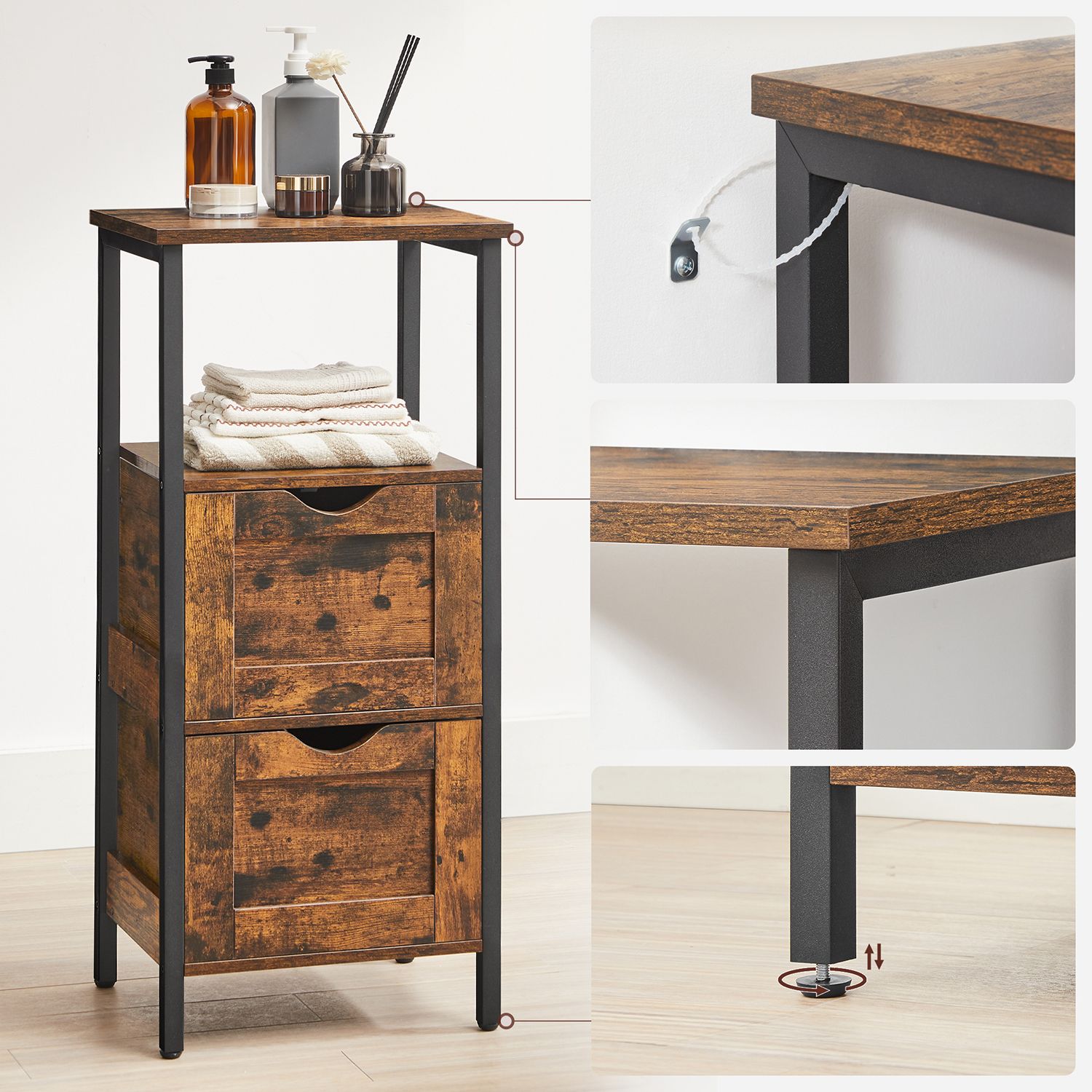 Bathroom Storage Cabinet – Wood – Rustic Brown and Black – Space Saving with 2 Drawers and Open Compartment
