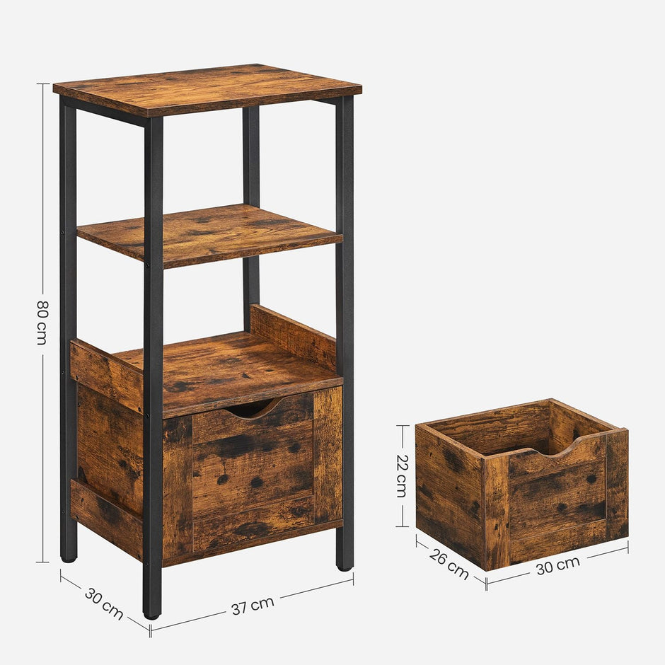 Bathroom Storage Cabinet – Wood – Rustic Brown and Black – Space Saving with 2 Drawers and Open Compartment