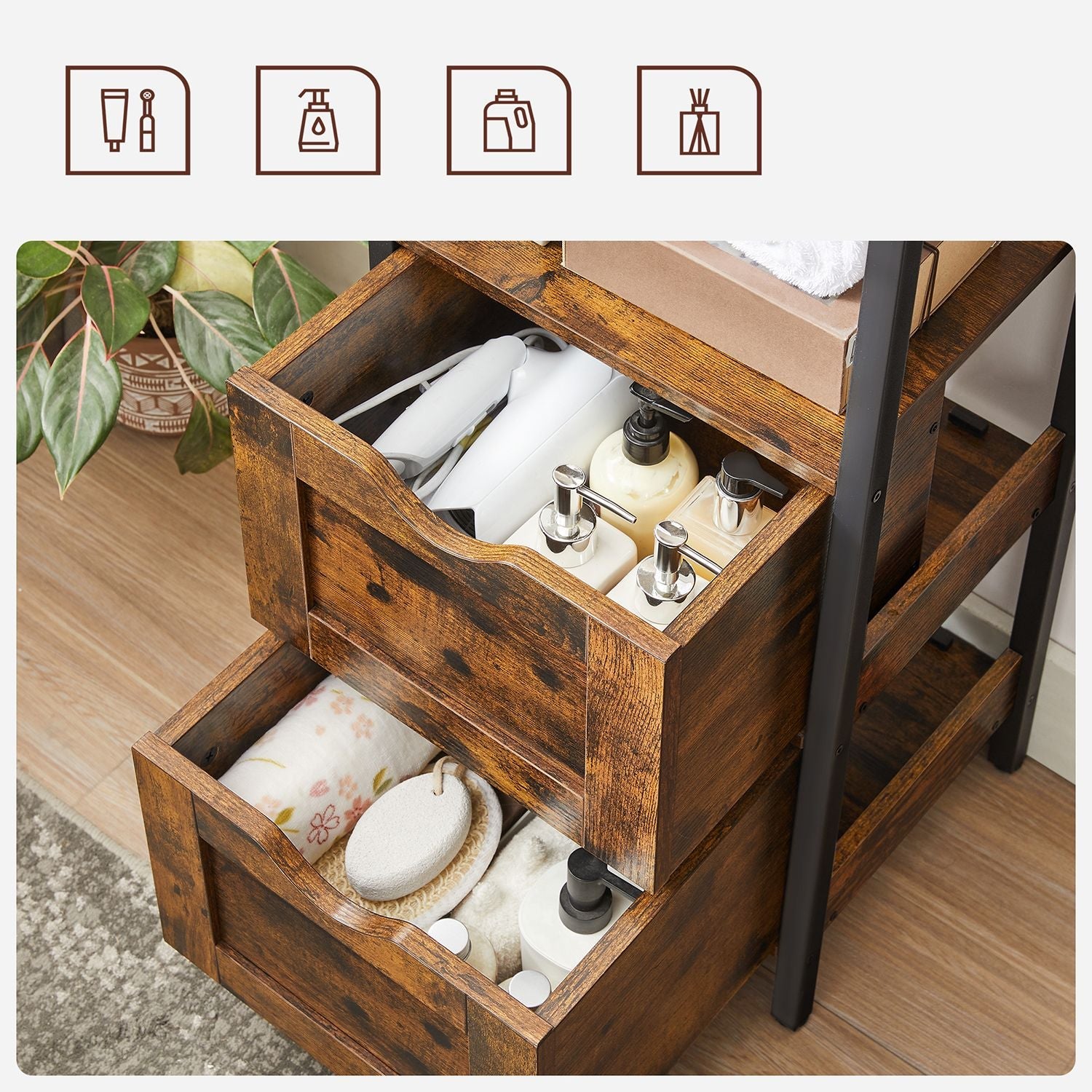 Bathroom Storage Cabinet – Wood – Rustic Brown and Black – Space Saving with 2 Drawers and Open Compartment