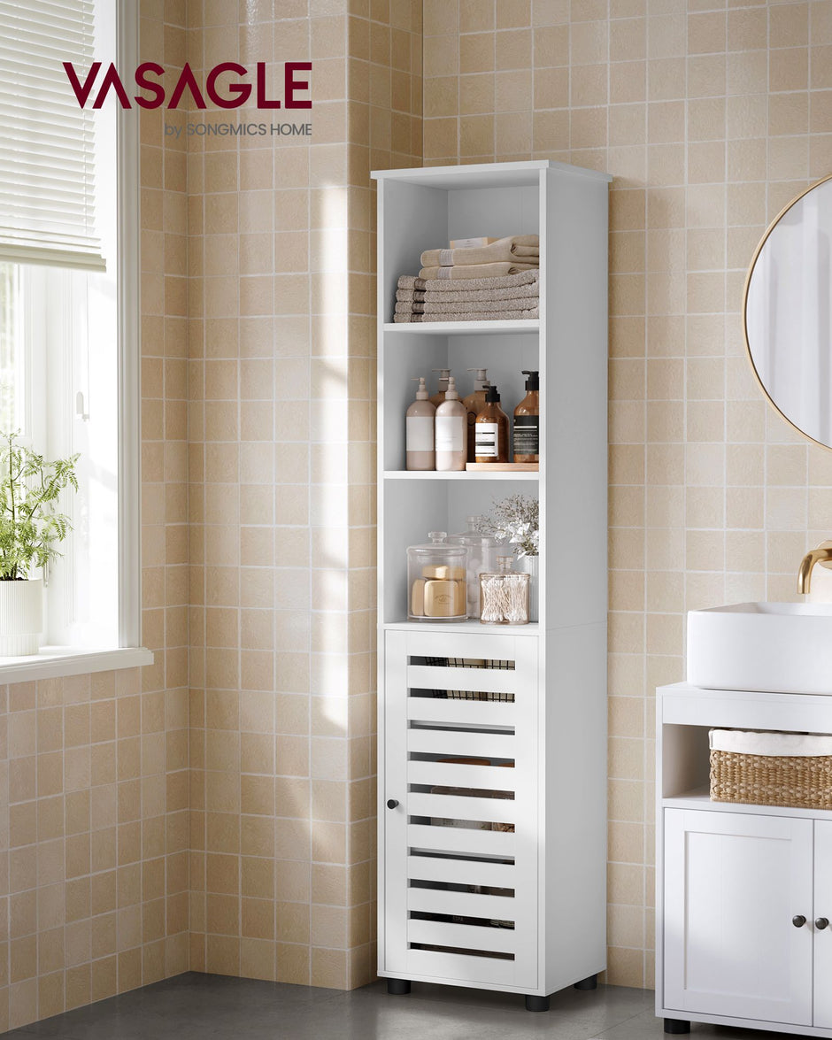 Bathroom Floor Cabinet – Engineered Wood – Cloud White – 3 Open Compartments, 2 Adjustable Shelves