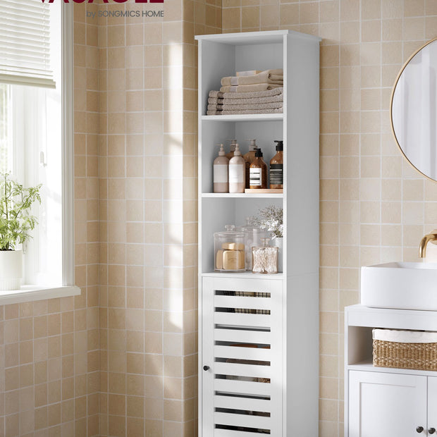 Bathroom Floor Cabinet – Engineered Wood – Cloud White – 3 Open Compartments, 2 Adjustable Shelves