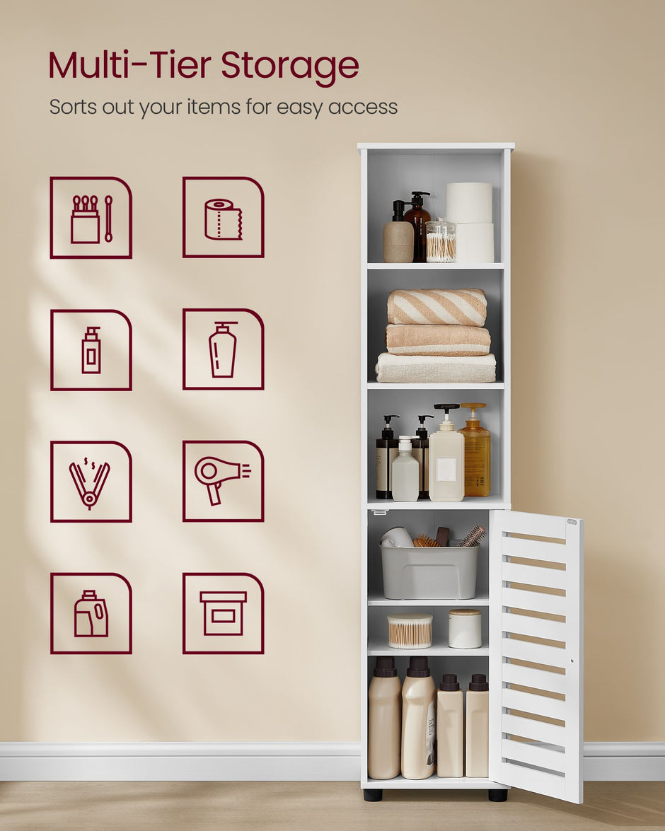 Bathroom Floor Cabinet – Engineered Wood – Cloud White – 3 Open Compartments, 2 Adjustable Shelves
