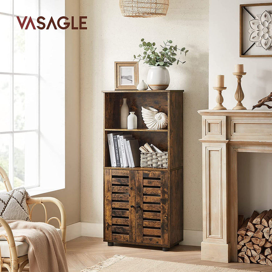 Floor Standing Cabinet – Engineered Wood – Rustic Brown – Louvered Doors, Height-Adjustable Shelf