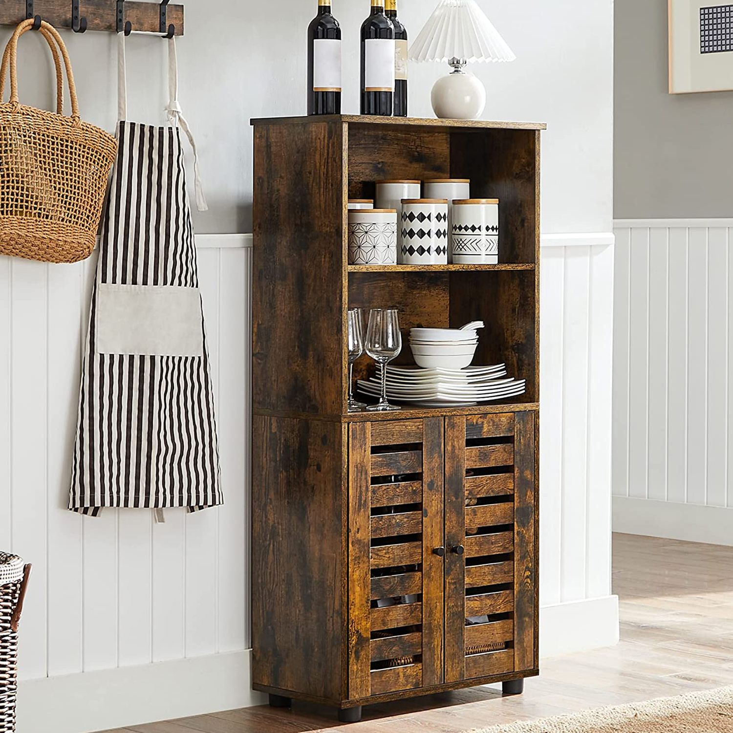 Floor Standing Cabinet – Engineered Wood – Rustic Brown – Louvered Doors, Height-Adjustable Shelf