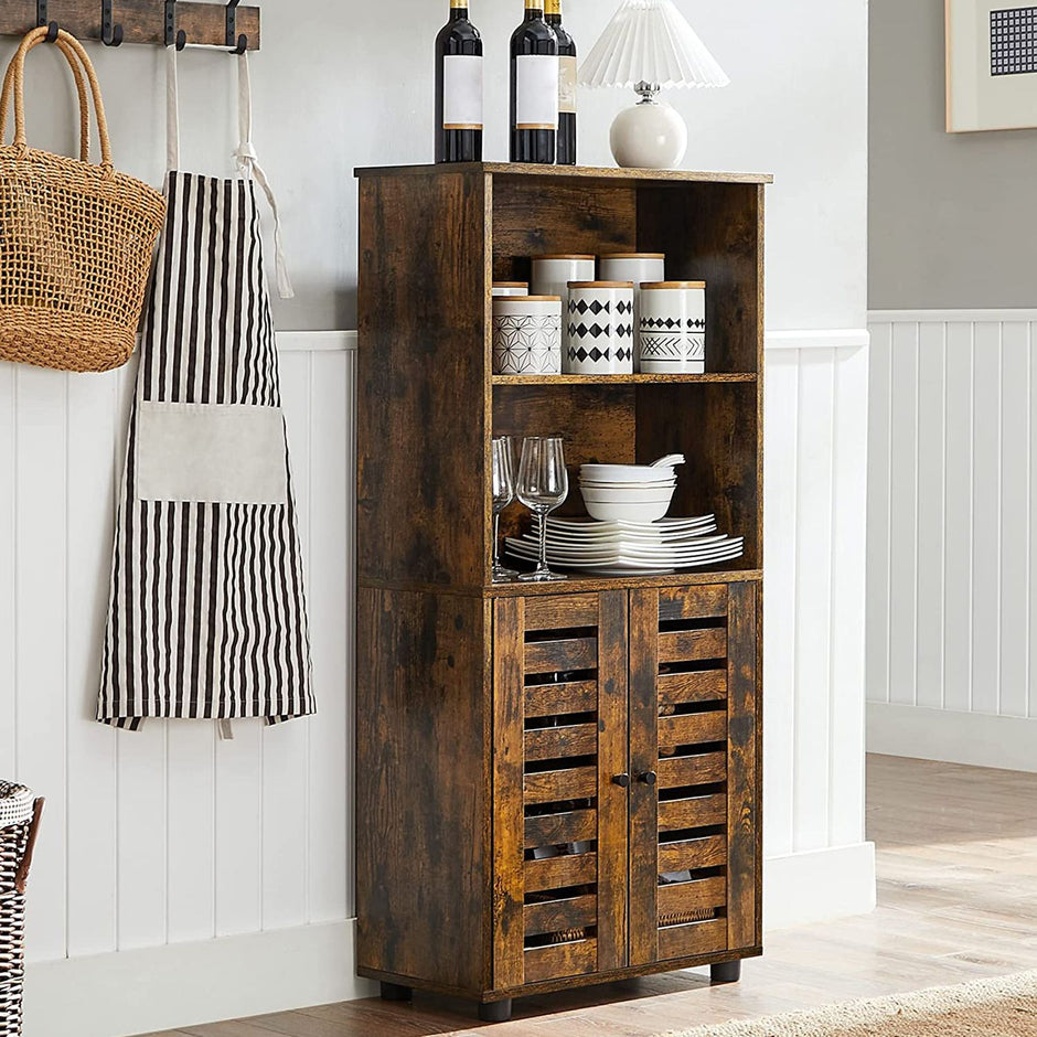 Floor Standing Cabinet – Engineered Wood – Rustic Brown – Louvered Doors, Height-Adjustable Shelf