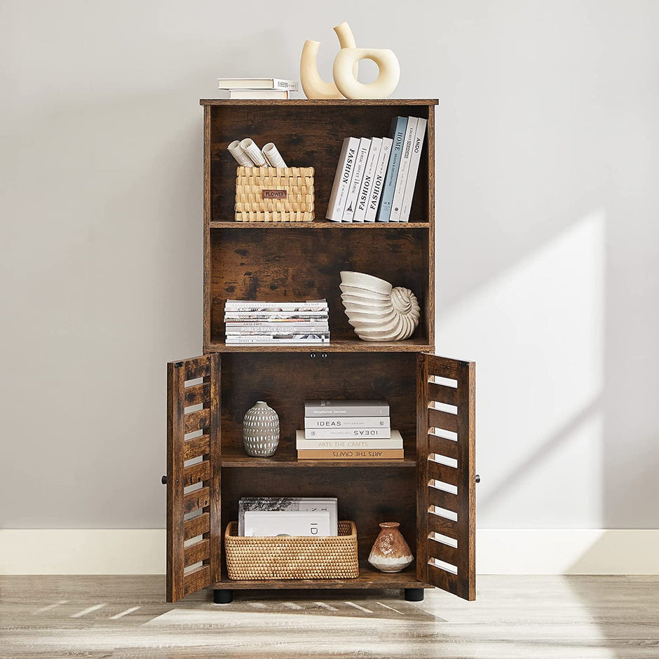 Floor Standing Cabinet – Engineered Wood – Rustic Brown – Louvered Doors, Height-Adjustable Shelf