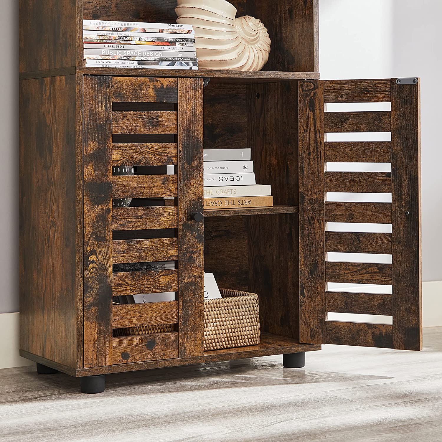 Floor Standing Cabinet – Engineered Wood – Rustic Brown – Louvered Doors, Height-Adjustable Shelf