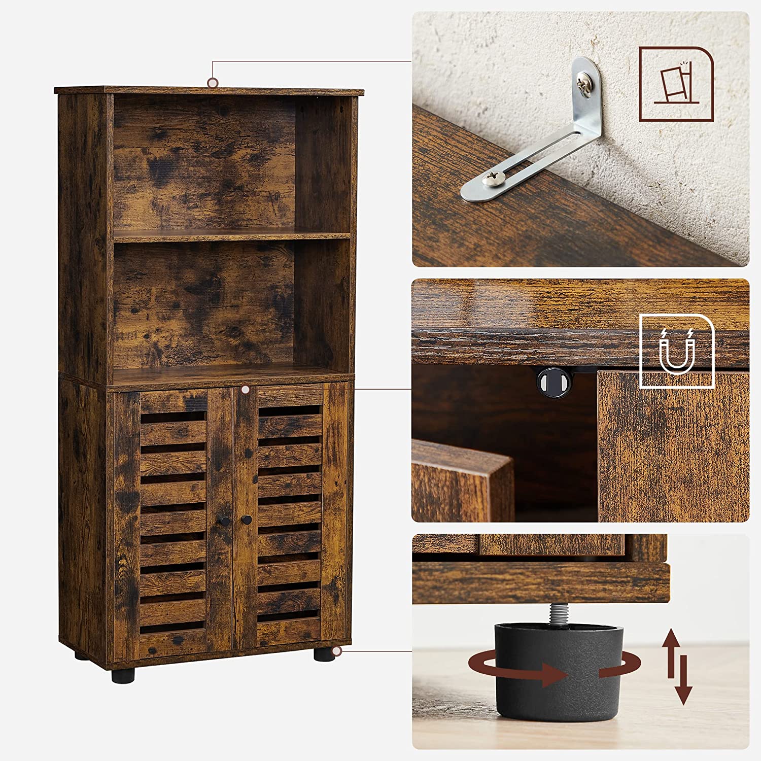 Floor Standing Cabinet – Engineered Wood – Rustic Brown – Louvered Doors, Height-Adjustable Shelf