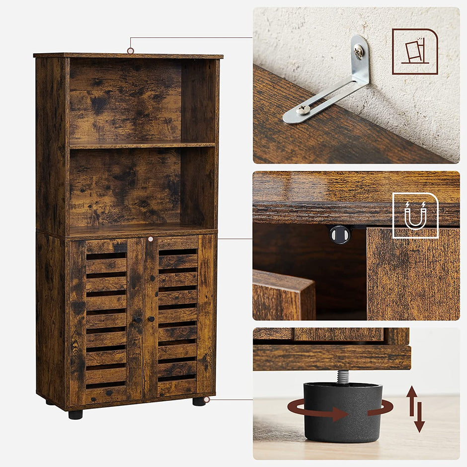 Floor Standing Cabinet – Engineered Wood – Rustic Brown – Louvered Doors, Height-Adjustable Shelf