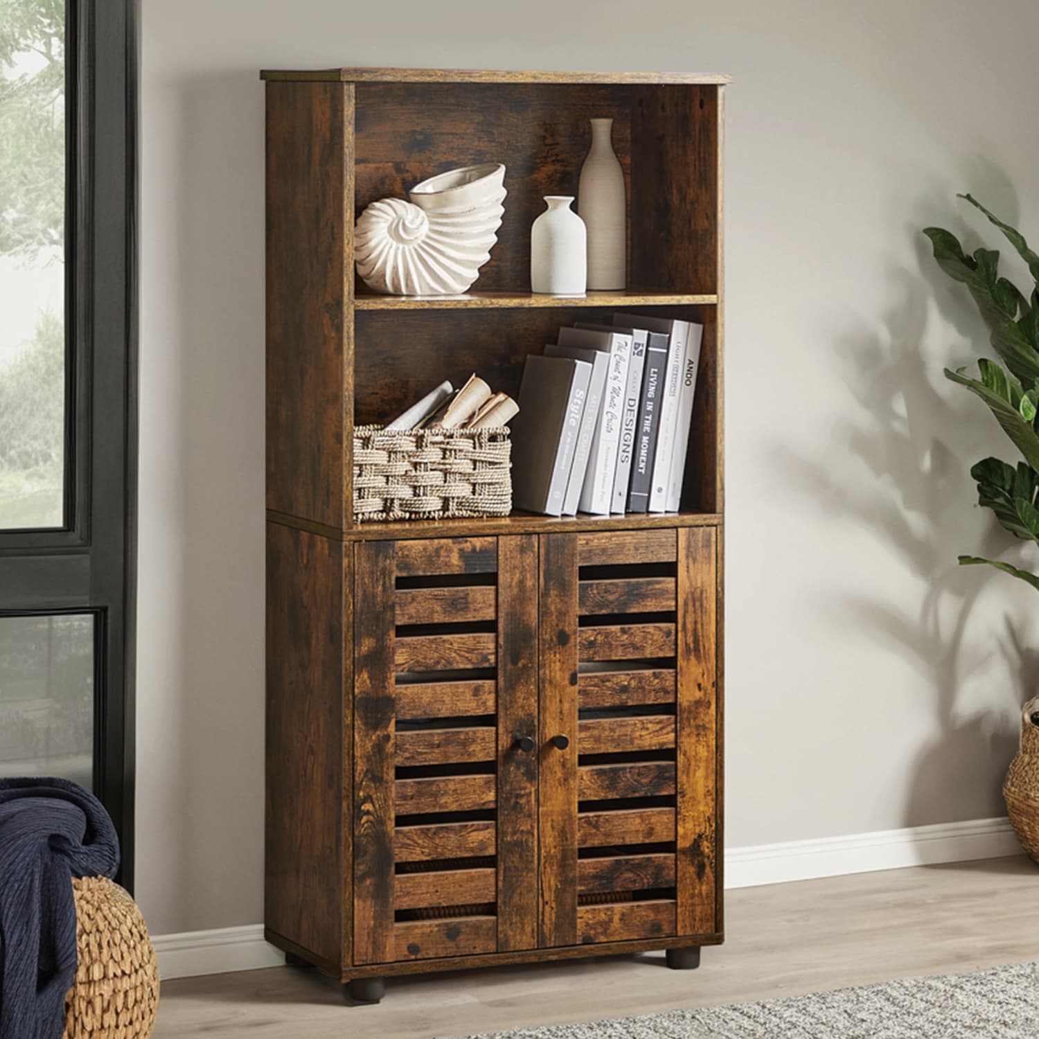 Floor Standing Cabinet – MDF – Rustic Brown – Louvered Doors, Height-Adjustable Shelf