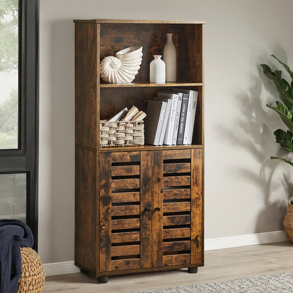 Floor Standing Cabinet – MDF – Rustic Brown – Louvered Doors, Height-Adjustable Shelf