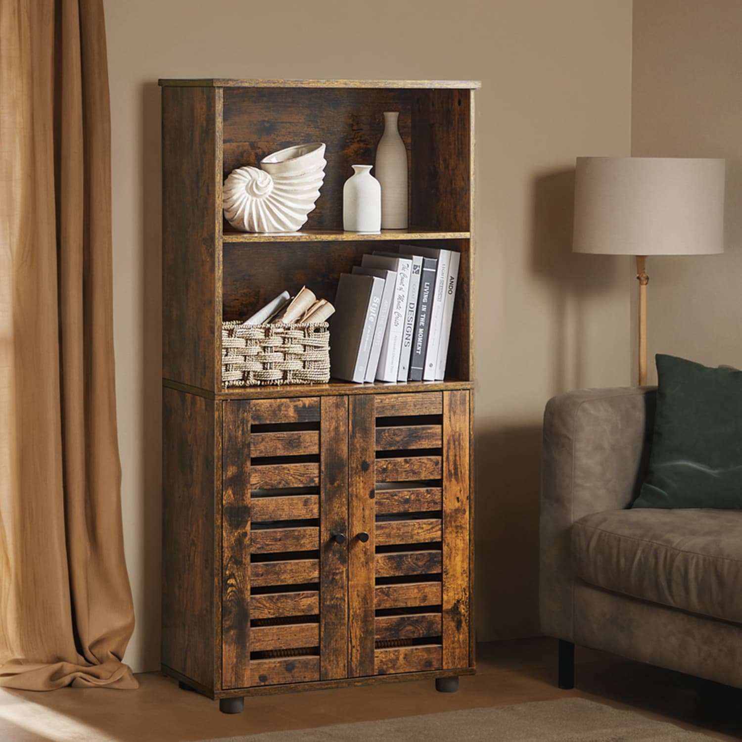 Floor Standing Cabinet – MDF – Rustic Brown – Louvered Doors, Height-Adjustable Shelf